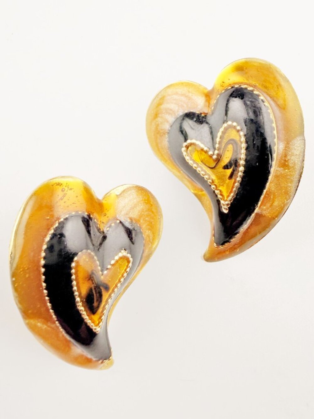 Vintage 80s Sculptural Heart Earrings Gold Black Amber Enamel Pierced